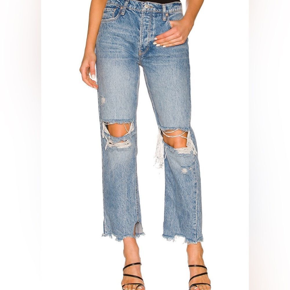 Free People Blue Boyfriend Jeans with Distressed Cropped Style
